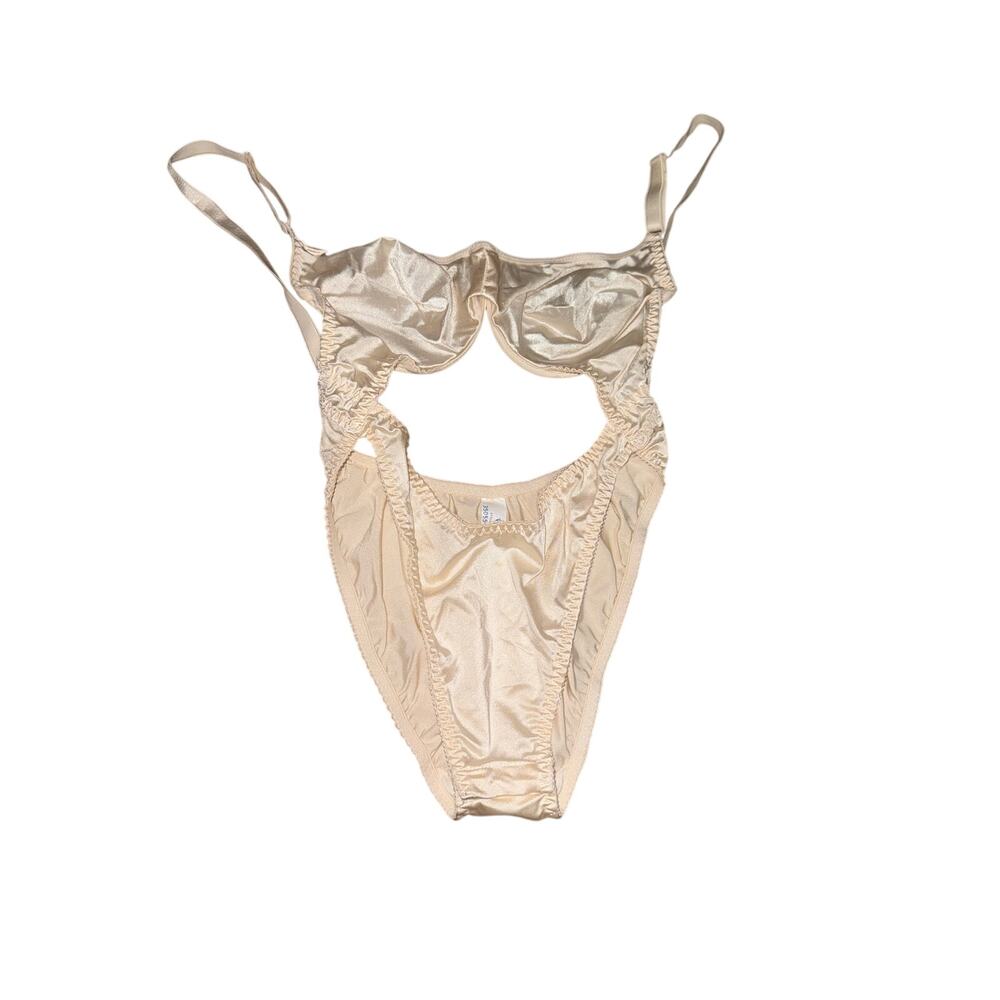 Vintage Olga 35055 Satin Cutout Bodysuit Teddy 34B Ivory Made in USA